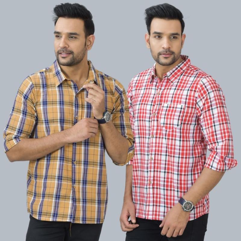 Combo of 2 Cotton Men Full Sleeves Checks Shirts Pink and Mustard-46991