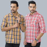Combo of 2 Cotton Men Full Sleeves Checks Shirts Pink and Mustard-46991