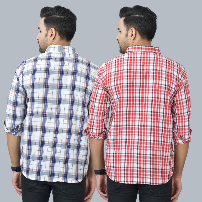 Combo of 2 Cotton Men Full Sleeves Checks Shirts Pink and White-46971