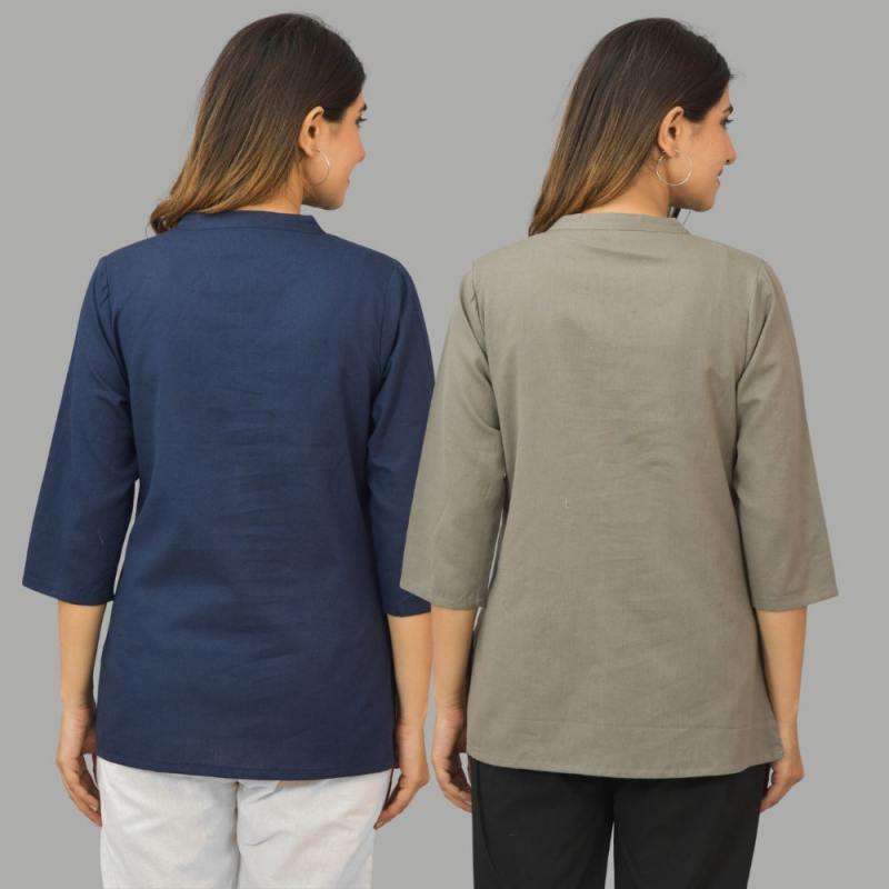 Combo of 2 Gray and Navy Blue Cotton Flax Women Top-10424