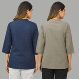 Combo of 2 Gray and Navy Blue Cotton Flax Women Top-10424