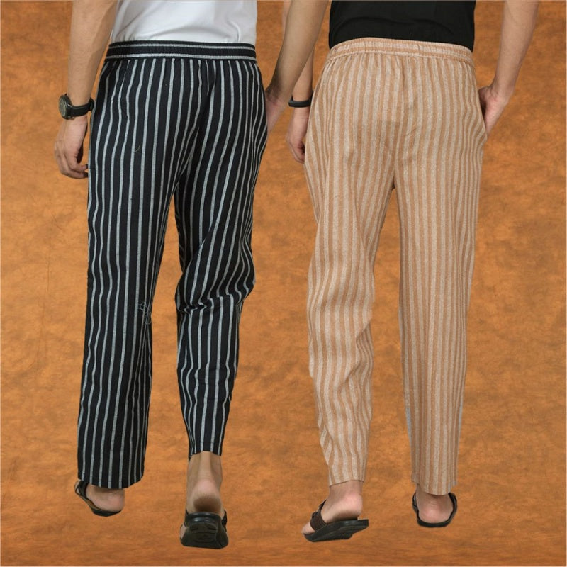 Combo of 2 Men Beige Black Cotton Handloom Stripe Pant-15097