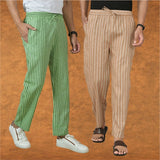 Combo of 2 Men Beige Olive Green Cotton Handloom Stripe Pant-15087