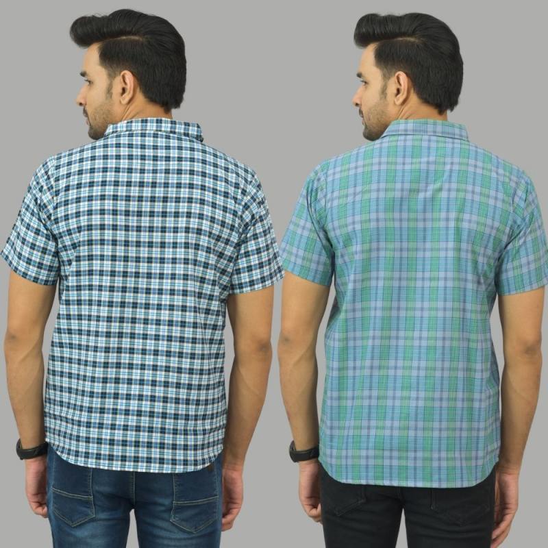 Combo of 2 Men Cotton Checks Shirts Blue and Green-25560