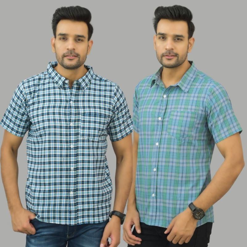 Combo of 2 Men Cotton Checks Shirts Blue and Green-25560
