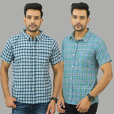 Combo of 2 Men Cotton Checks Shirts Blue and Green-25560