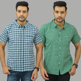 Combo of 2 Men Cotton Checks Shirts Blue and Green-25575