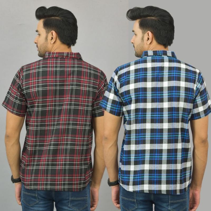 Combo of 2 Men Cotton Checks Shirts Blue and Maroon-25457