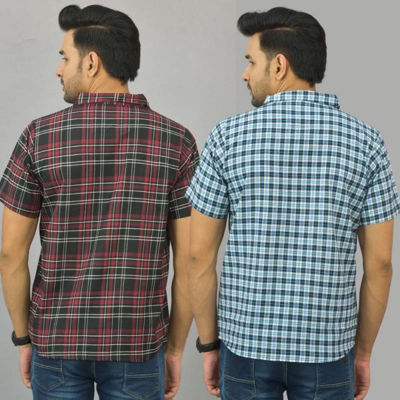 Combo of 2 Men Cotton Checks Shirts Blue and Maroon-25470