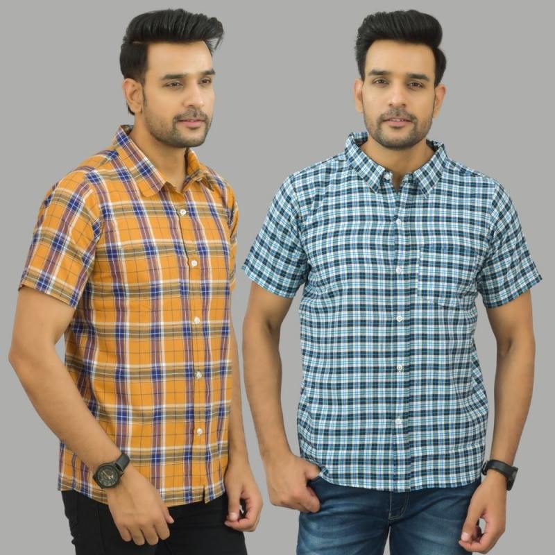 Combo of 2 Men Cotton Checks Shirts Blue and Mustard-25589