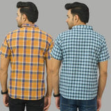 Combo of 2 Men Cotton Checks Shirts Blue and Mustard-25589