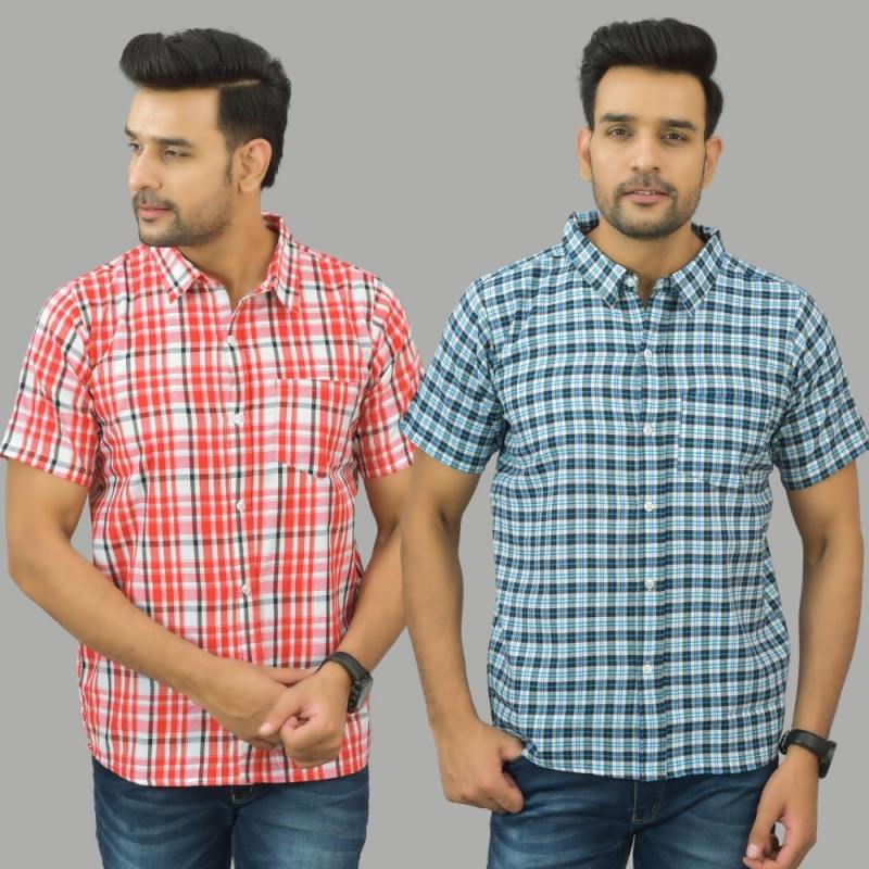 Combo of 2 Men Cotton Checks Shirts Blue and Pink-25614