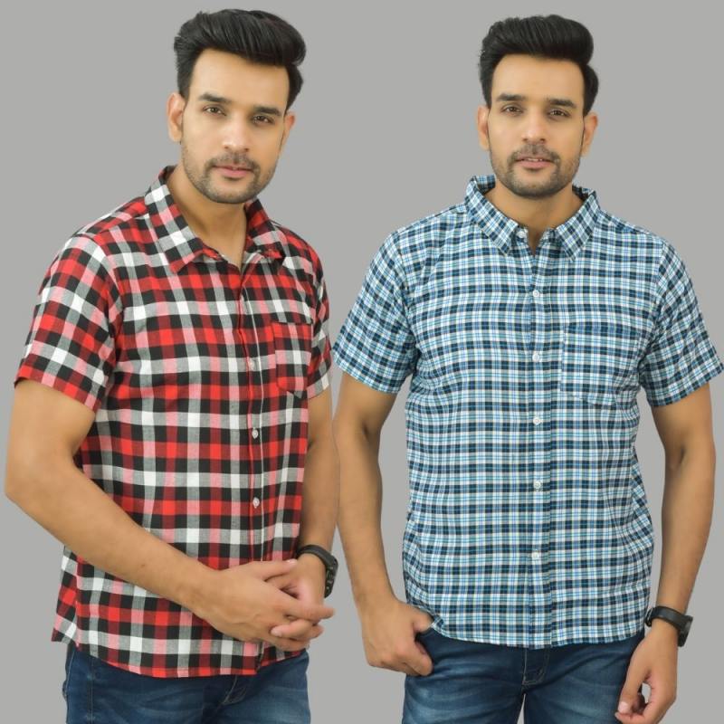 Combo of 2 Men Cotton Checks Shirts Blue and Red-25625