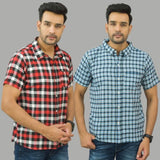 Combo of 2 Men Cotton Checks Shirts Blue and Red-25625