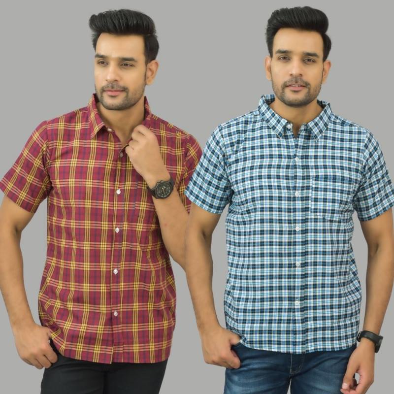 Combo of 2 Men Cotton Checks Shirts Blue and Red-25635