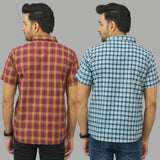 Combo of 2 Men Cotton Checks Shirts Blue and Red-25635