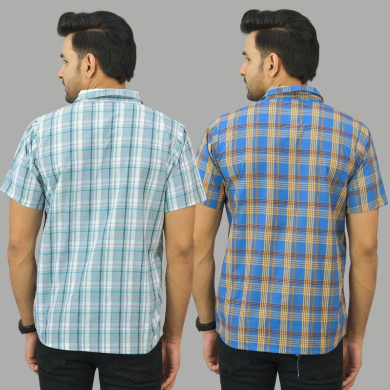 Combo of 2 Men Cotton Checks Shirts Gray and Blue-25548