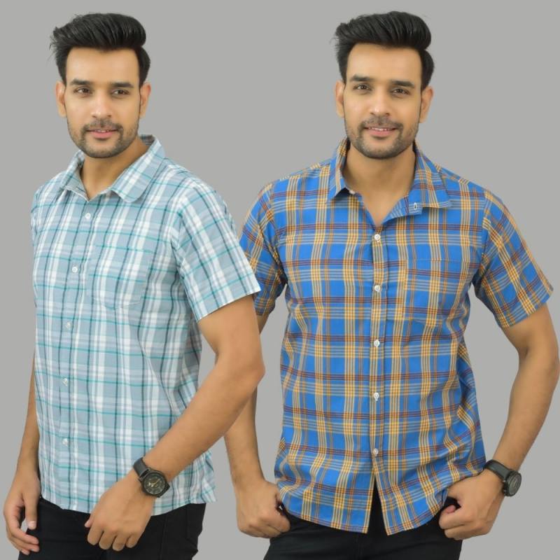 Combo of 2 Men Cotton Checks Shirts Gray and Blue-25548