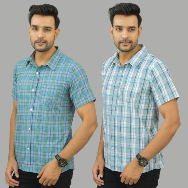 Combo of 2 Men Cotton Checks Shirts Gray and Green-25564