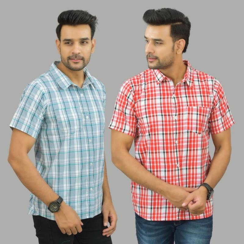Combo of 2 Men Cotton Checks Shirts Gray and Pink-25618