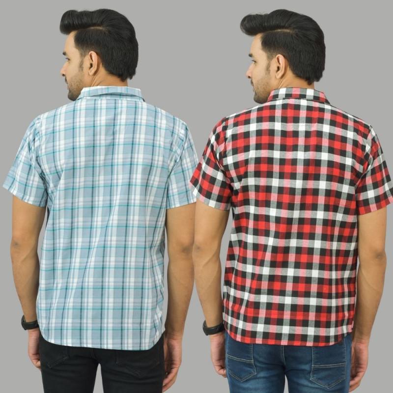 Combo of 2 Men Cotton Checks Shirts Gray and Red-25629