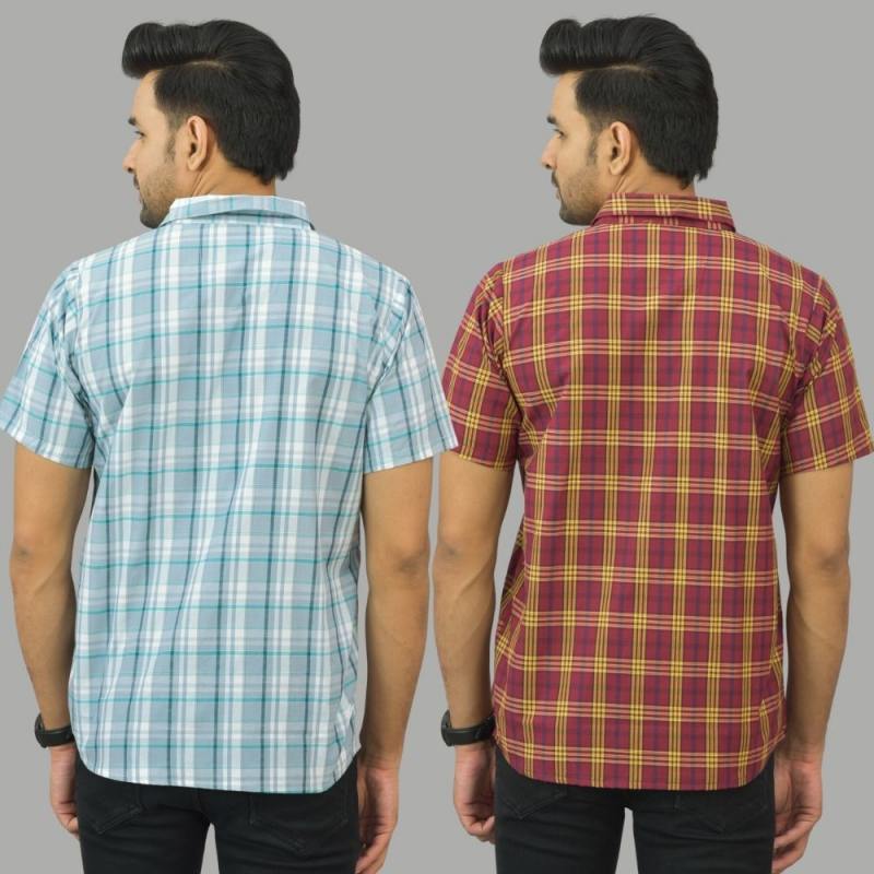 Combo of 2 Men Cotton Checks Shirts Gray and Red-25639
