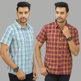 Combo of 2 Men Cotton Checks Shirts Gray and Red-25639