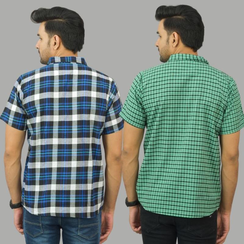 Combo of 2 Men Cotton Checks Shirts Green and Blue-25482