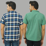 Combo of 2 Men Cotton Checks Shirts Green and Blue-25482
