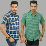 Combo of 2 Men Cotton Checks Shirts Green and Blue-25482