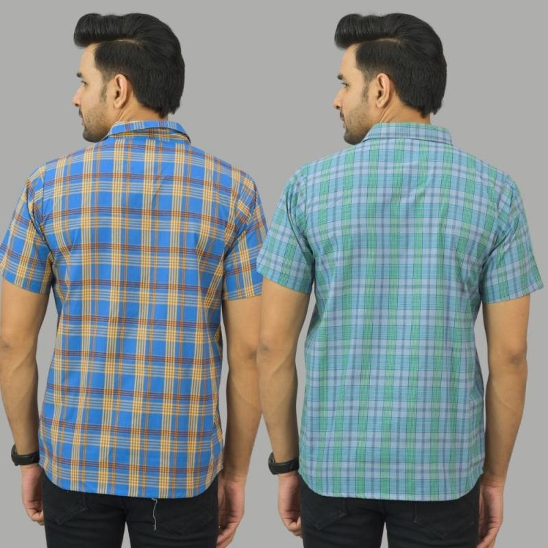Combo of 2 Men Cotton Checks Shirts Mustard and Blue-25537