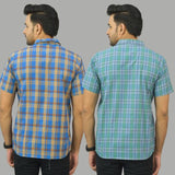 Combo of 2 Men Cotton Checks Shirts Mustard and Blue-25537