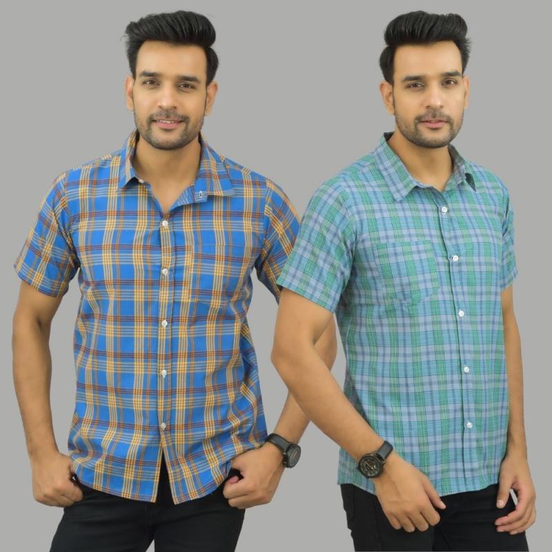 Combo of 2 Men Cotton Checks Shirts Mustard and Blue-25537