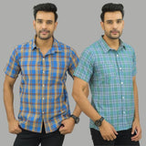 Combo of 2 Men Cotton Checks Shirts Mustard and Blue-25537