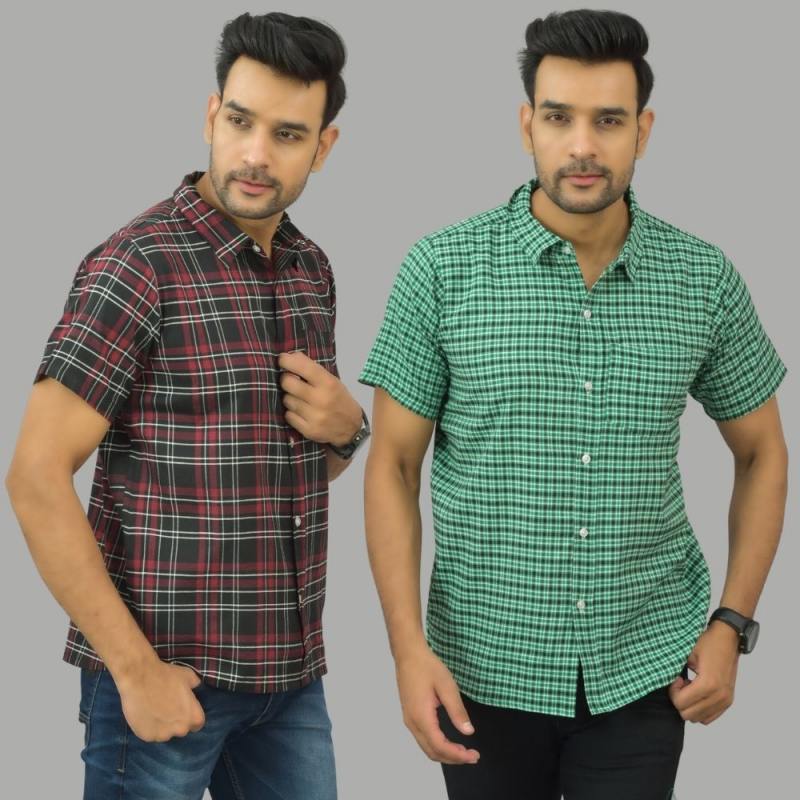 Combo of 2 Men Cotton Checks Shirts Green and Maroon-25462