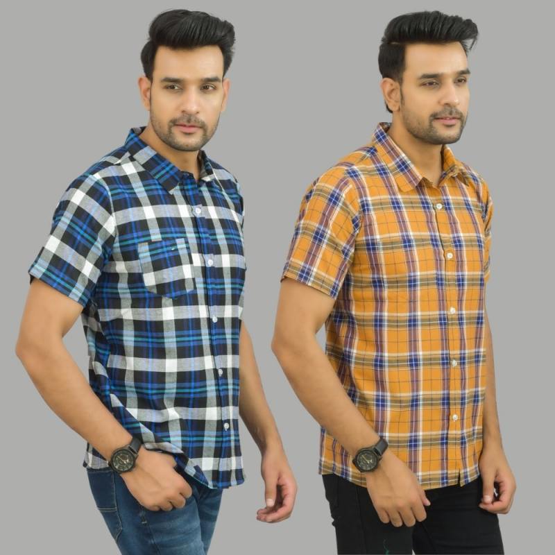 Combo of 2 Men Cotton Checks Shirts Mustard and Blue-25483