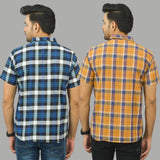Combo of 2 Men Cotton Checks Shirts Mustard and Blue-25483