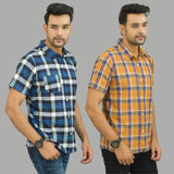 Combo of 2 Men Cotton Checks Shirts Mustard and Blue-25483