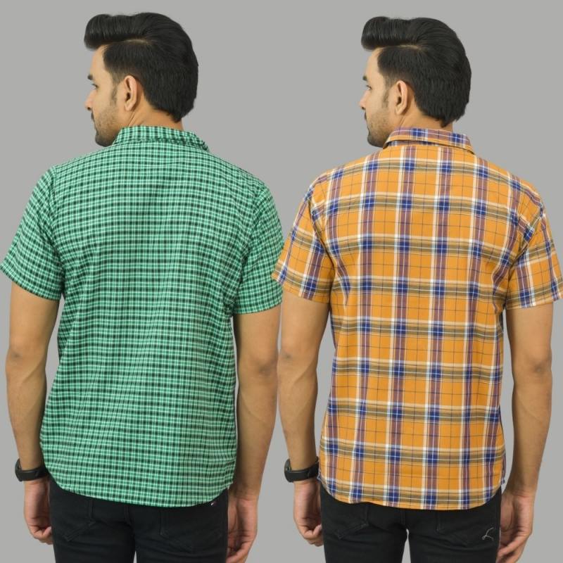 Combo of 2 Men Cotton Checks Shirts Mustard and Green-25568