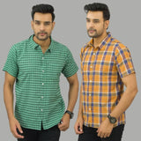 Combo of 2 Men Cotton Checks Shirts Mustard and Green-25568