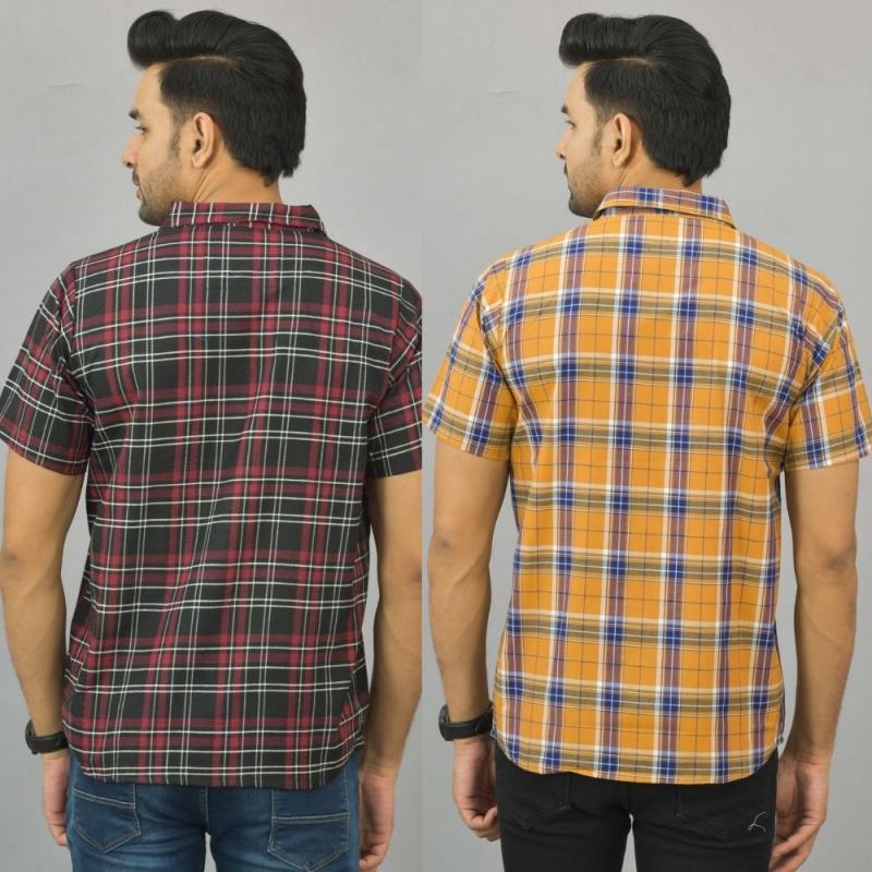 Combo of 2 Men Cotton Checks Shirts Mustard and Maroon-25463
