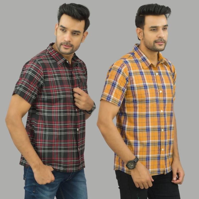Combo of 2 Men Cotton Checks Shirts Mustard and Maroon-25463