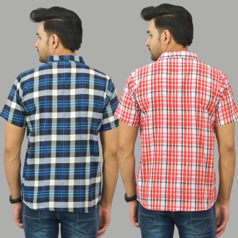 Combo of 2 Men Cotton Checks Shirts Pink and Blue-25485