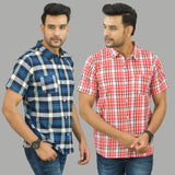 Combo of 2 Men Cotton Checks Shirts Pink and Blue-25485