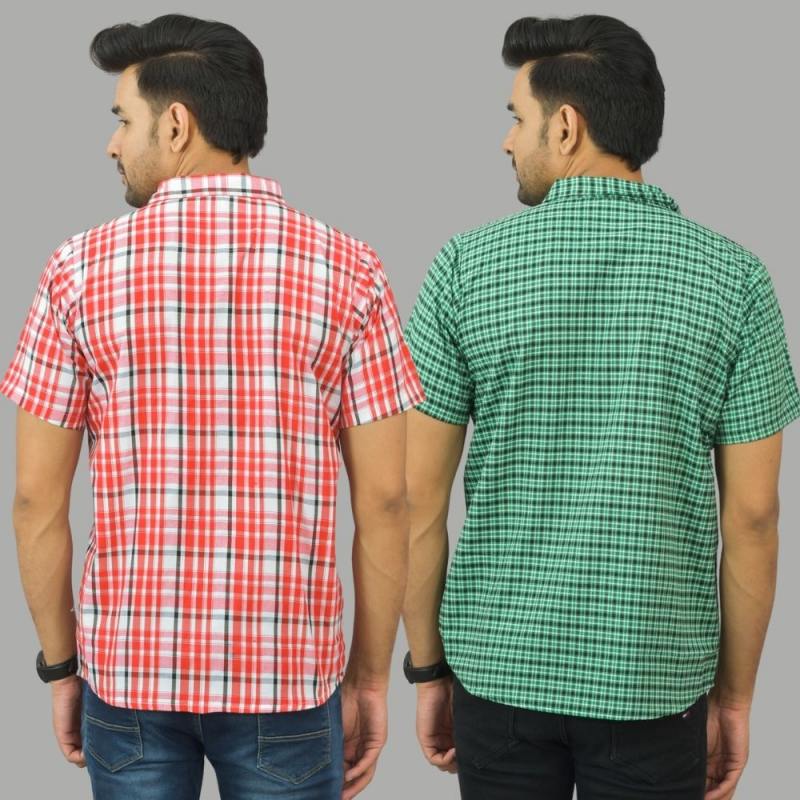 Combo of 2 Men Cotton Checks Shirts Pink and Green-25570