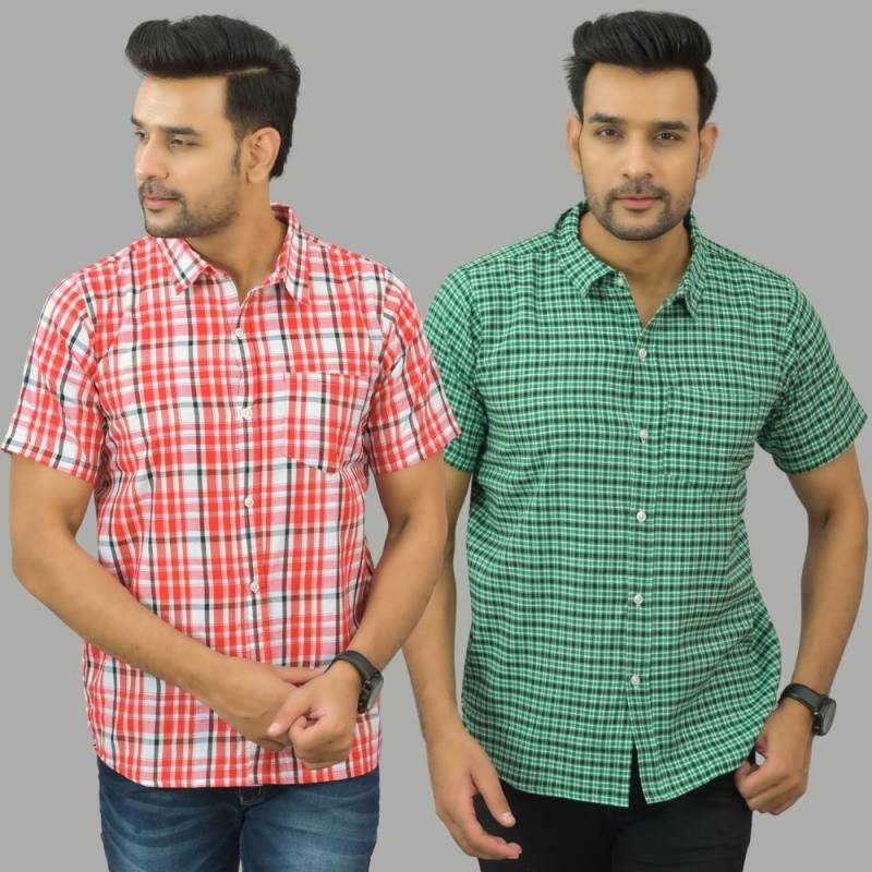 Combo of 2 Men Cotton Checks Shirts Pink and Green-25570