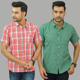 Combo of 2 Men Cotton Checks Shirts Pink and Green-25570