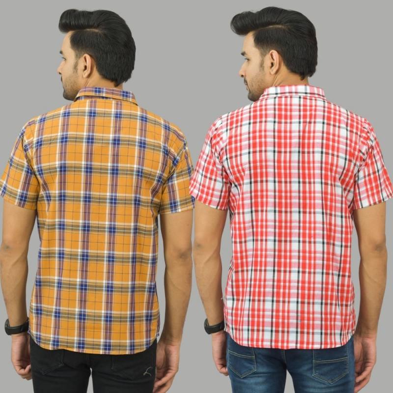 Combo of 2 Men Cotton Checks Shirts Pink and Mustard