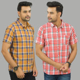 Combo of 2 Men Cotton Checks Shirts Pink and Mustard