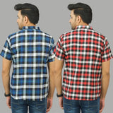 Combo of 2 Men Cotton Checks Shirts Red and Blue-25486